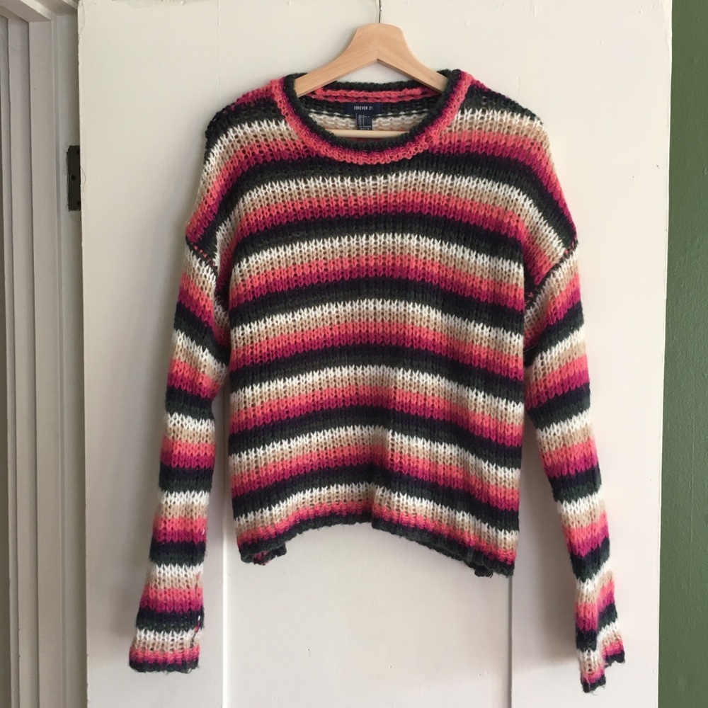 Fuzzy Striped Open Knit Sweater